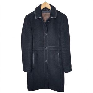 COACH Womens XS Black Wool Mohair Blend Overcoat Leather Trim Long Coat Luxury